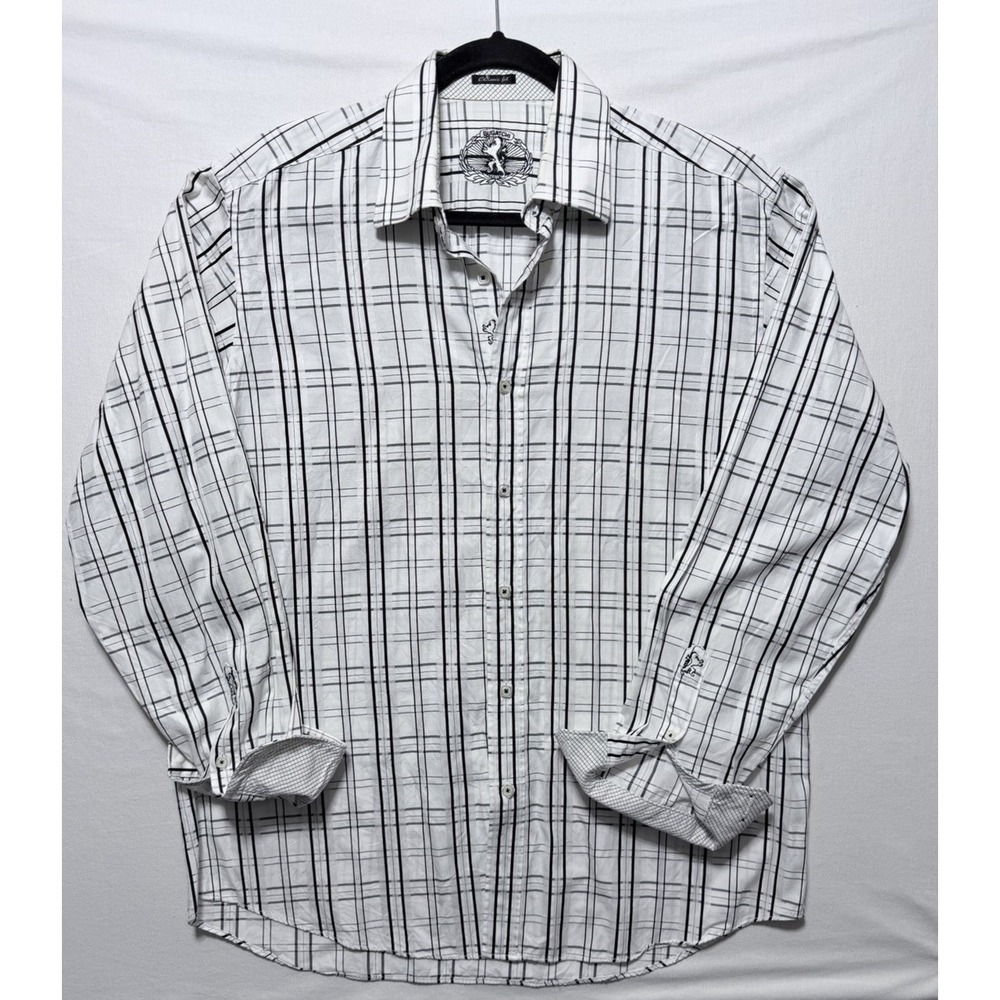 Bugatchi Plaid Button Down Shirt Mens XL White Black Classic Fit Long Sleeve
